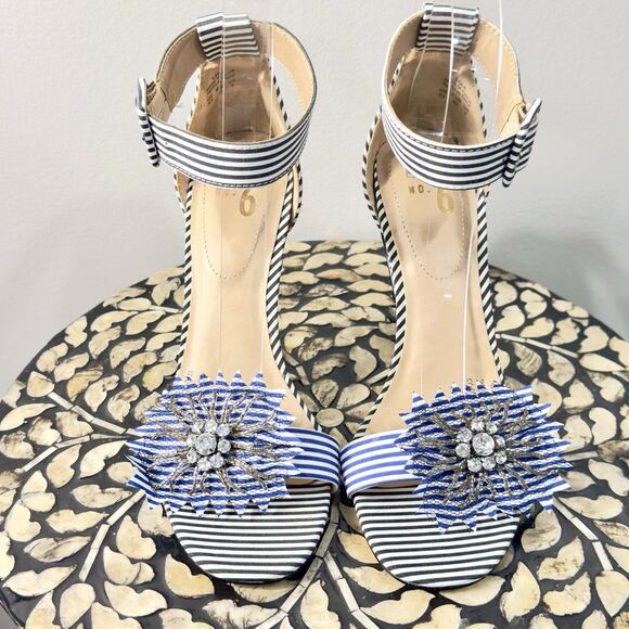 Mix No. 6 Lole Black Blue and White Stripe Heels w Flower Rhinestone Sandals 8.5 - Picture 2 of 10